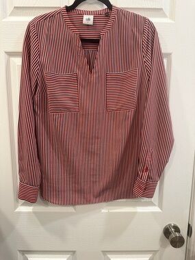 CAbi Red blue and White Striped with 2 Chest Pockets Long Sleeve Blouse Size S